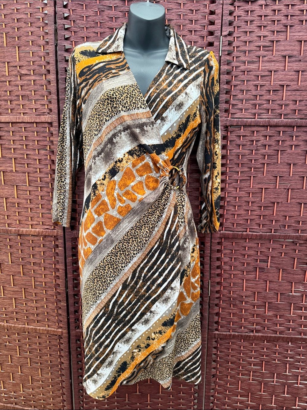Glamour Animal-Print Midi Wrap Dress in Brown & Orange